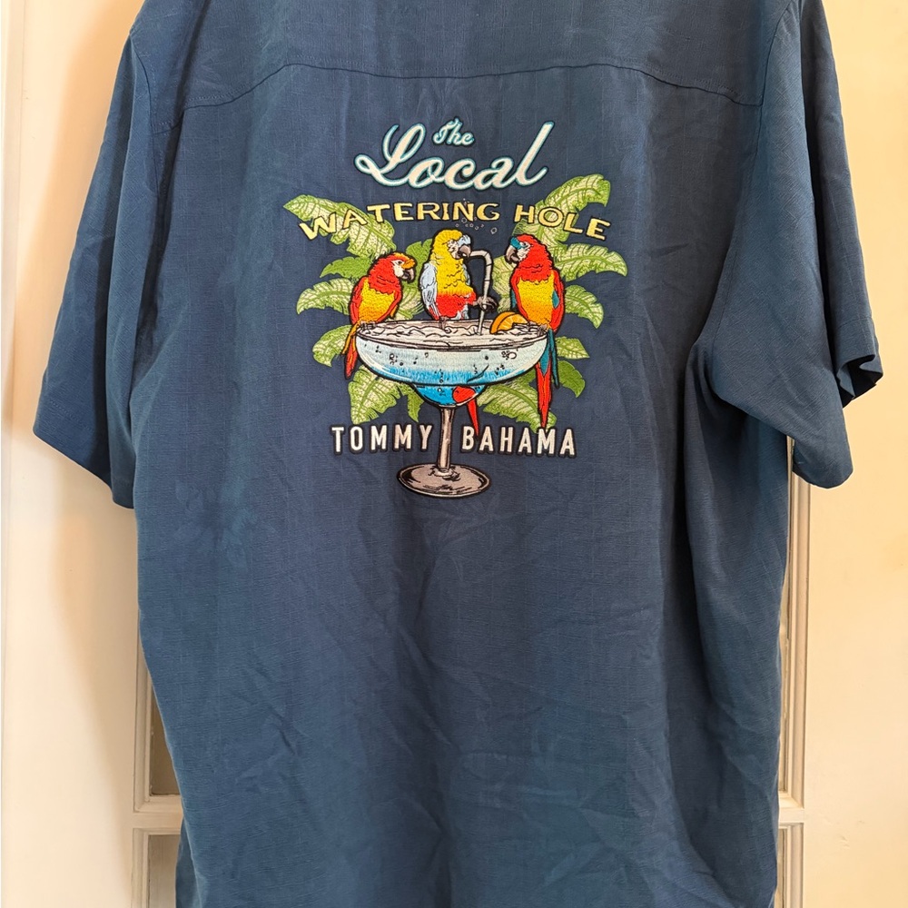 Tommy Bahama Button Up Blue Silk XL Shirt Embroidered Back Local Watering Hole